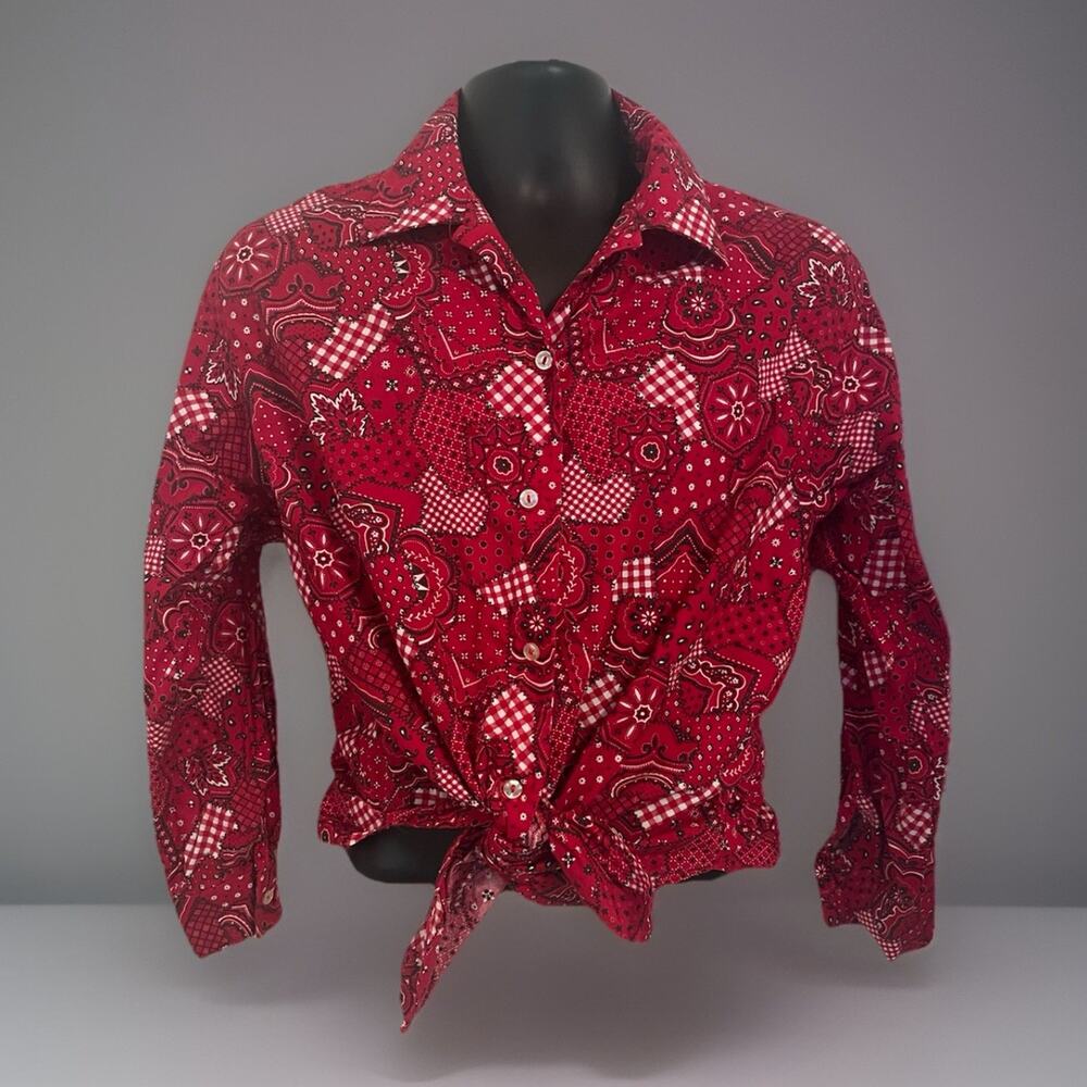 VTG Western Button Up Patchwork Shirt Plaid Cotton Unisex Red Floral M/L
